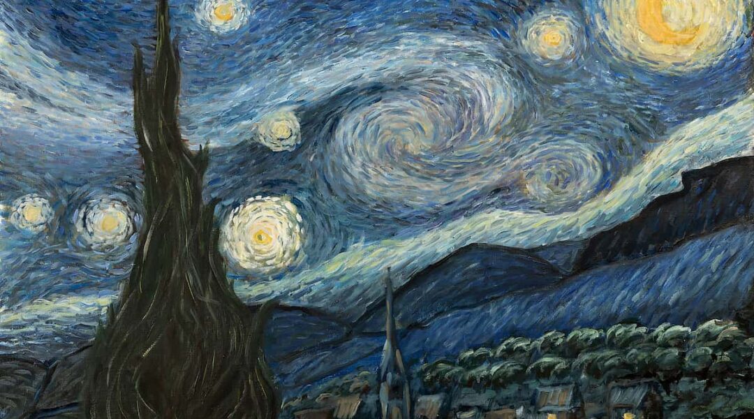 Portfolio painting - Starry van Gogh. Dotted night sky with moon and city view.