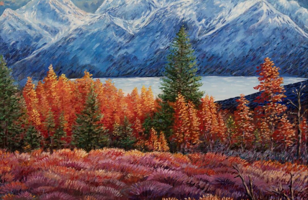 Painting with autumn trees and mountains