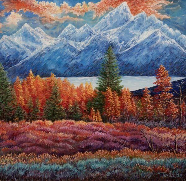 Painting with autumn trees and mountains