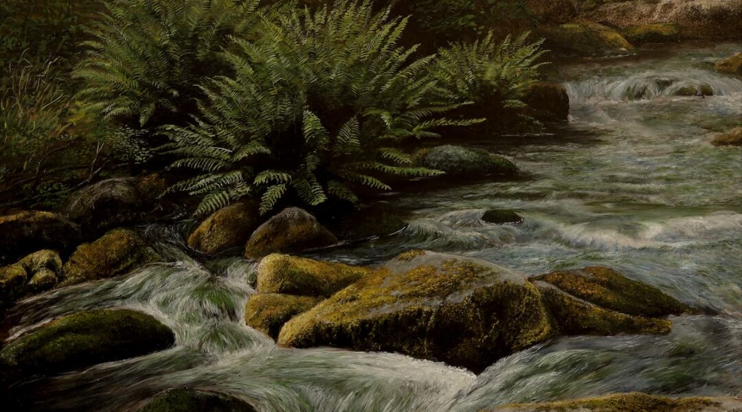 Portfolio painting - Flow. Ferns on the banks of a flowing river.