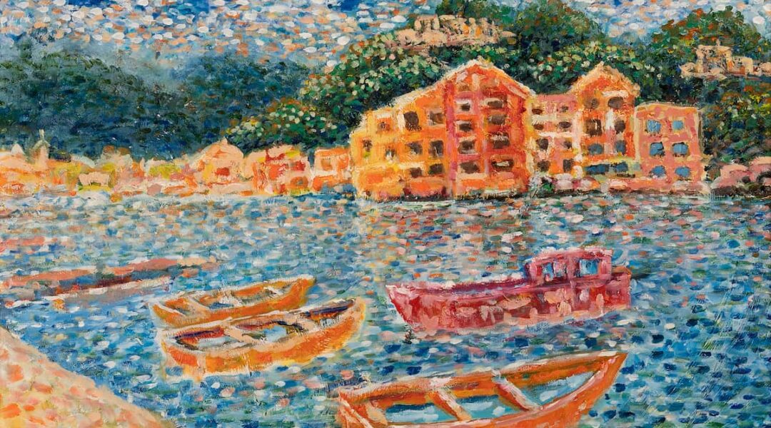 Portfolio painting - Portofino. Dotted painting with boats in a bay.