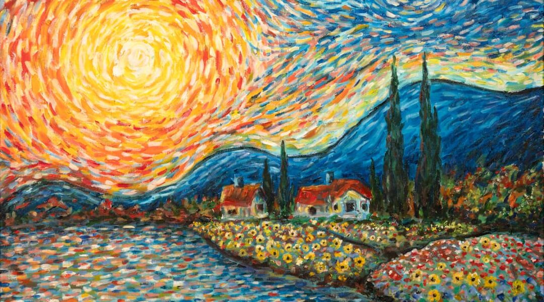 Portfolio painting - Tuscany sunset. Dotted painting with view to the Tuscany landscape.